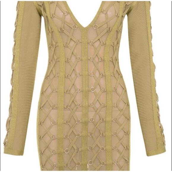 House of CB London Bandage Chain Dress Feodora Long Sleeve In Golden Size XS NWT - Picture 2 of 10